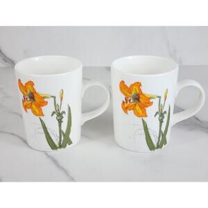 Orange Lily Coffee Mug Teacup Flowers 4" Porcelain Made in Korea Drinkware x2